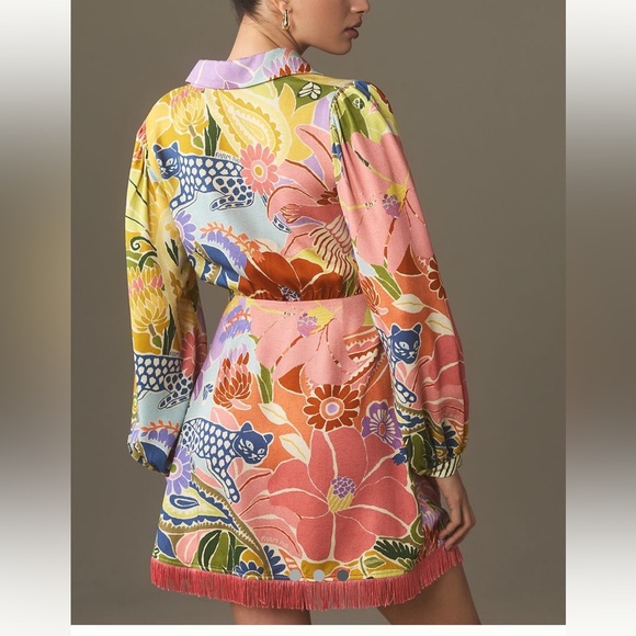 New FARM Rio Long Sleeve Tie Front Fringed Mini Dress - Picture 2 of 3